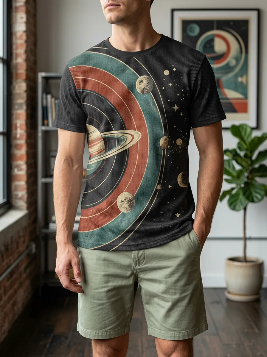 Men's Space Astronomy Retro Saturn Planet Crew Neck T-Shirt