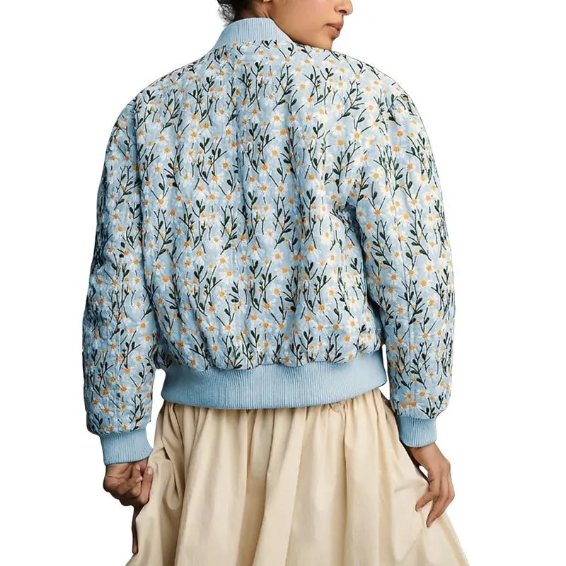 Women's Ramie Linen Embroidered Daisy Cropped Bomber Jacket with Quilted Puffer Sleeves & Two Side Pockets Outerwear
