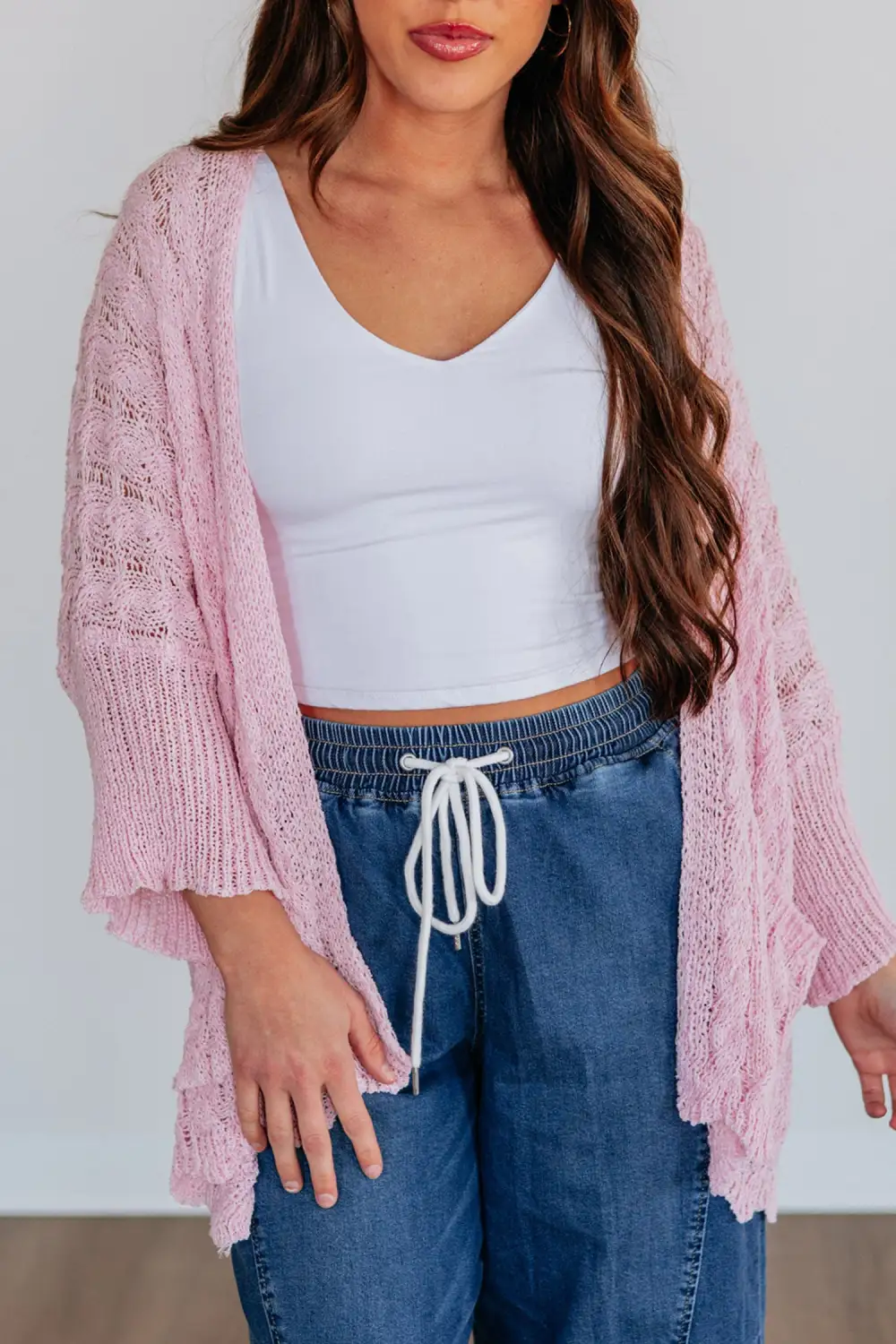 Drop Shoulder Crochet Knit Open Front Cardigan