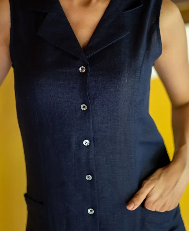 Navy Blue Linen Notch-Collar Dress