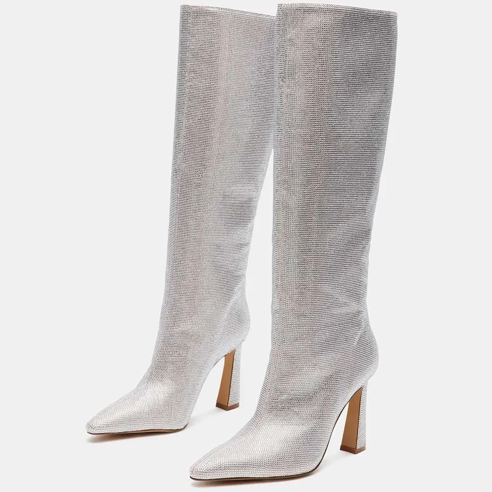 Faux-Leather Rhinestone Pointed-Toe Platform Knee-High Boots