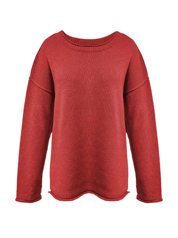 Paneled Round Neck Long Sleeve Relaxed Fit Easy Fit Sweater