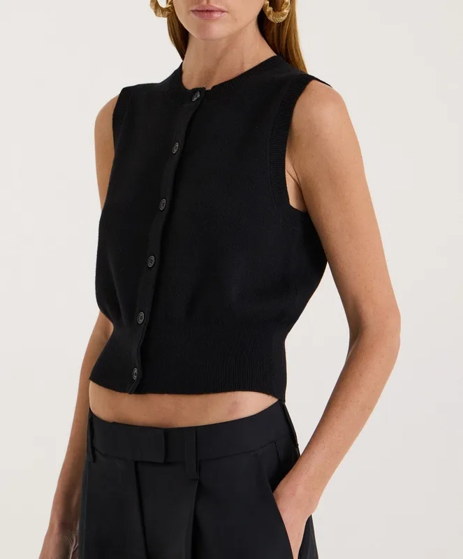 Black Cropped Button Front Knit Vest