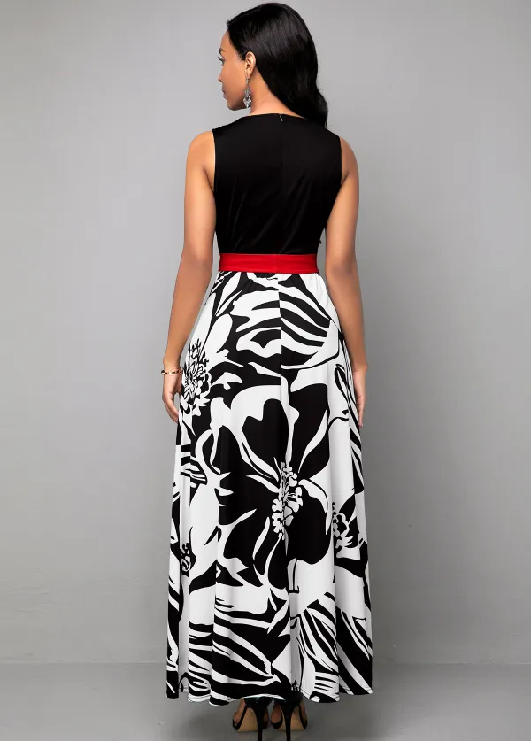 Belted Flower Print Round Neck Dress