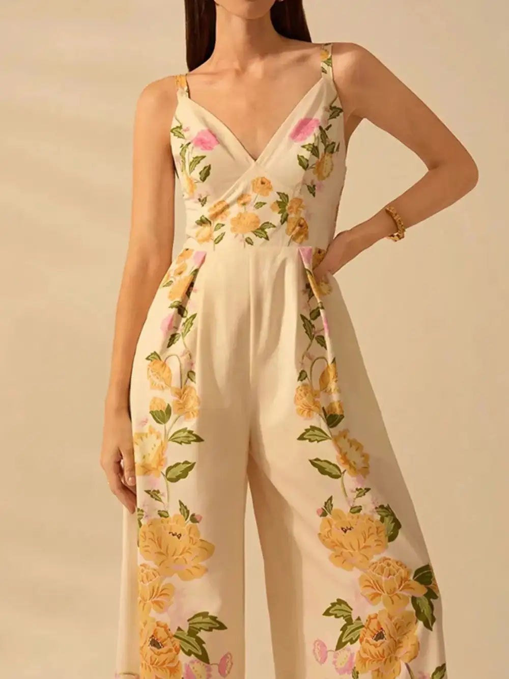 Floral Print Wide Leg V Neck Jumpsuit