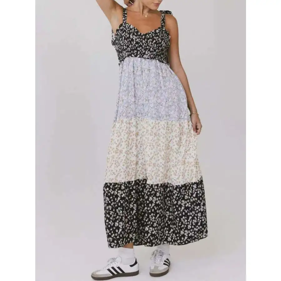 Smocked Tie Shoulder Printed Maxi Dress