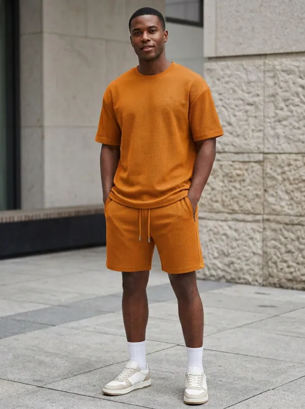 Casual Waffle Texture Textured Detail Finish Men's T-Shirt And Shorts Set