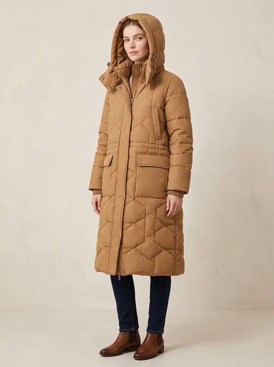 Seasonal Quilted Padded Long Hooded Coat
