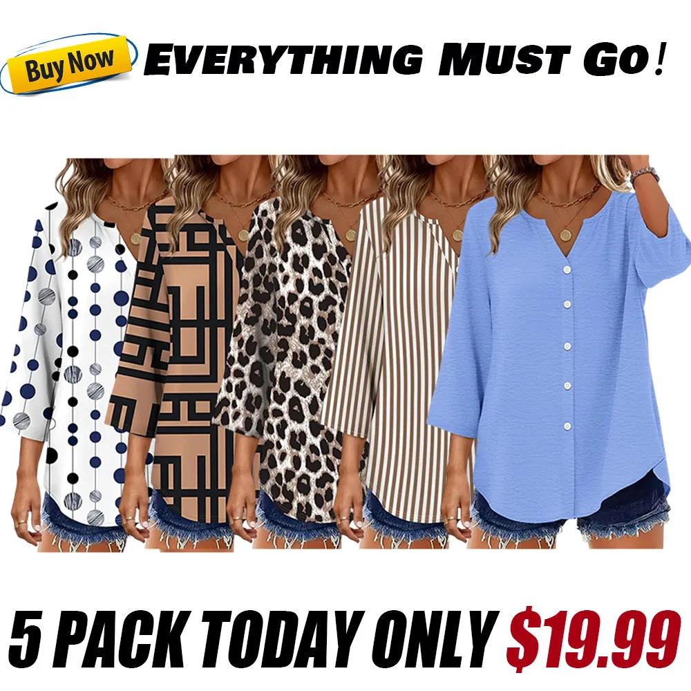 🔥 Women's 3/4 Sleeve V-Neck Button Down Blouse | Loose Fit Casual Tops