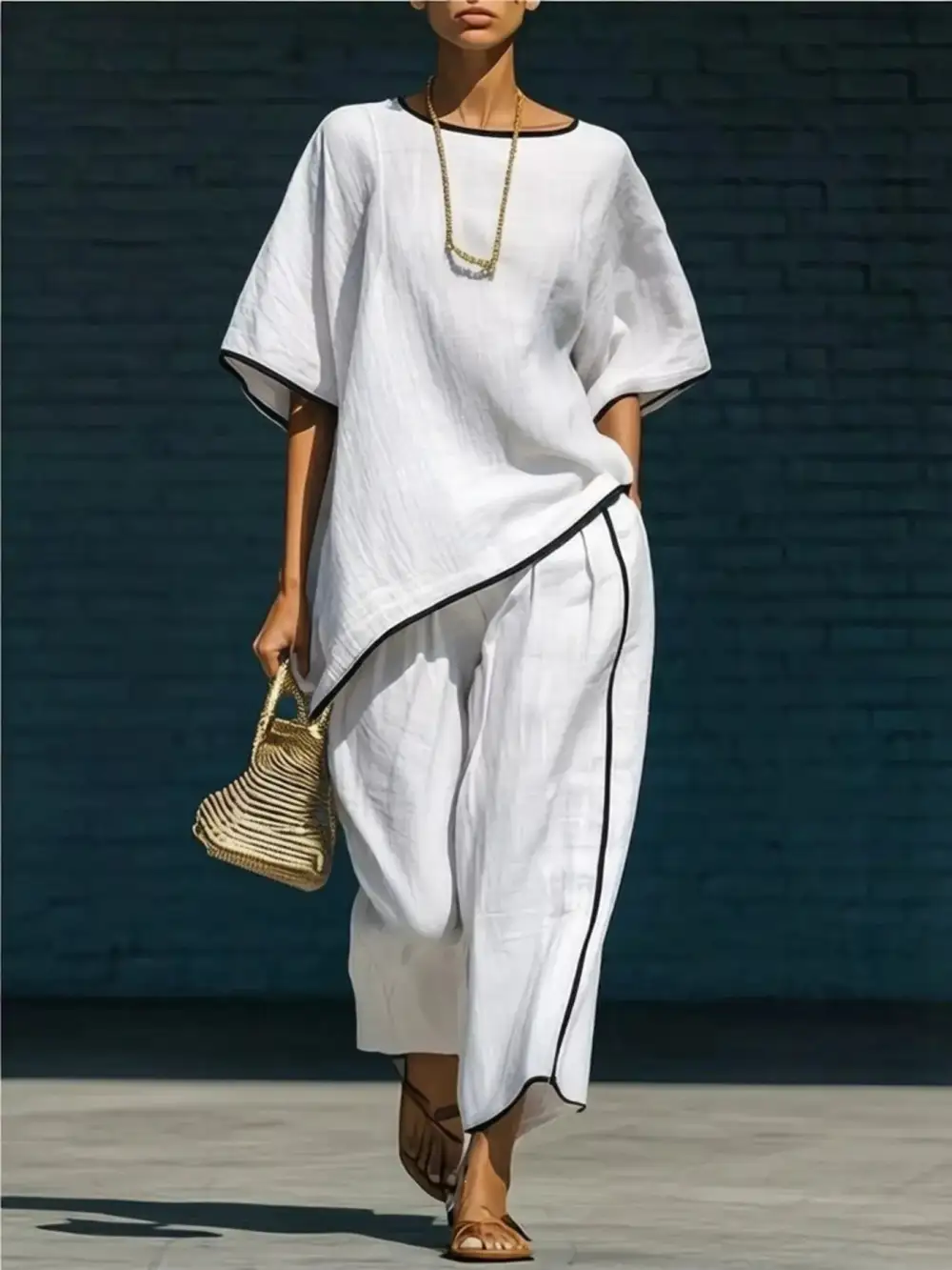 Full Size Contrast Trim Half Sleeve Top and Pants