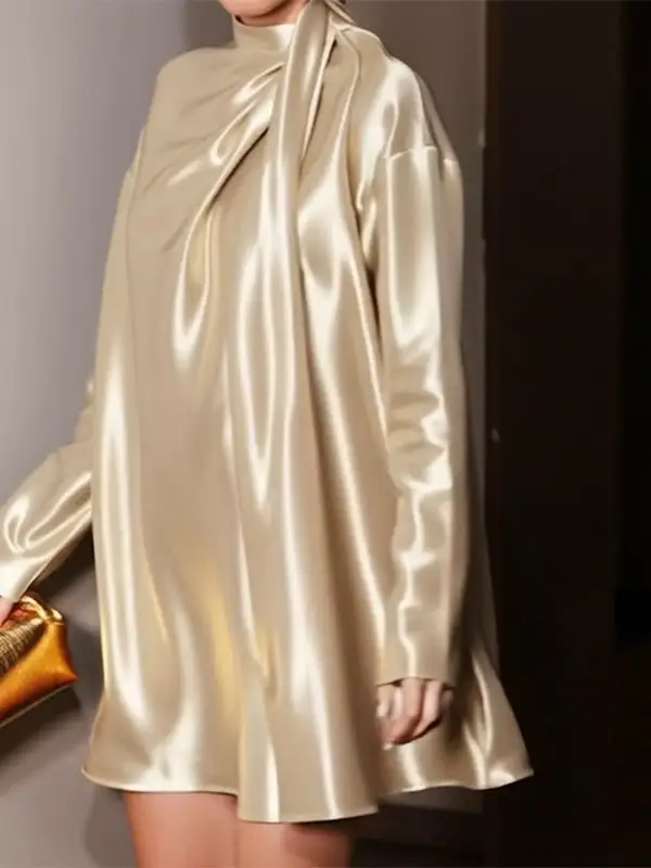 Long Sleeve Relaxed Shiny Solid Color High Neck Mini Dress