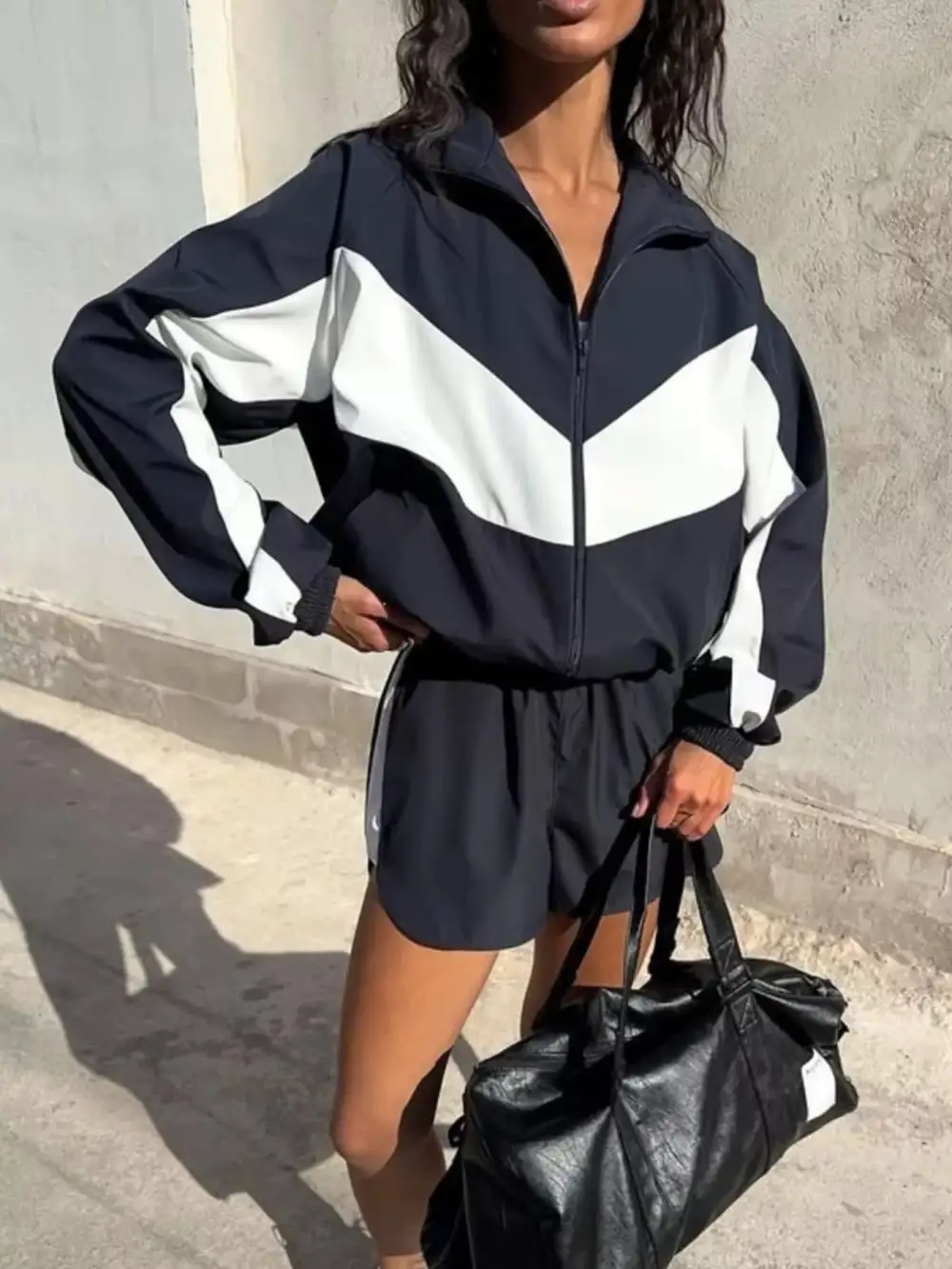 Zip-Detail Pocketed Colorblock Top and Shorts Matching Set