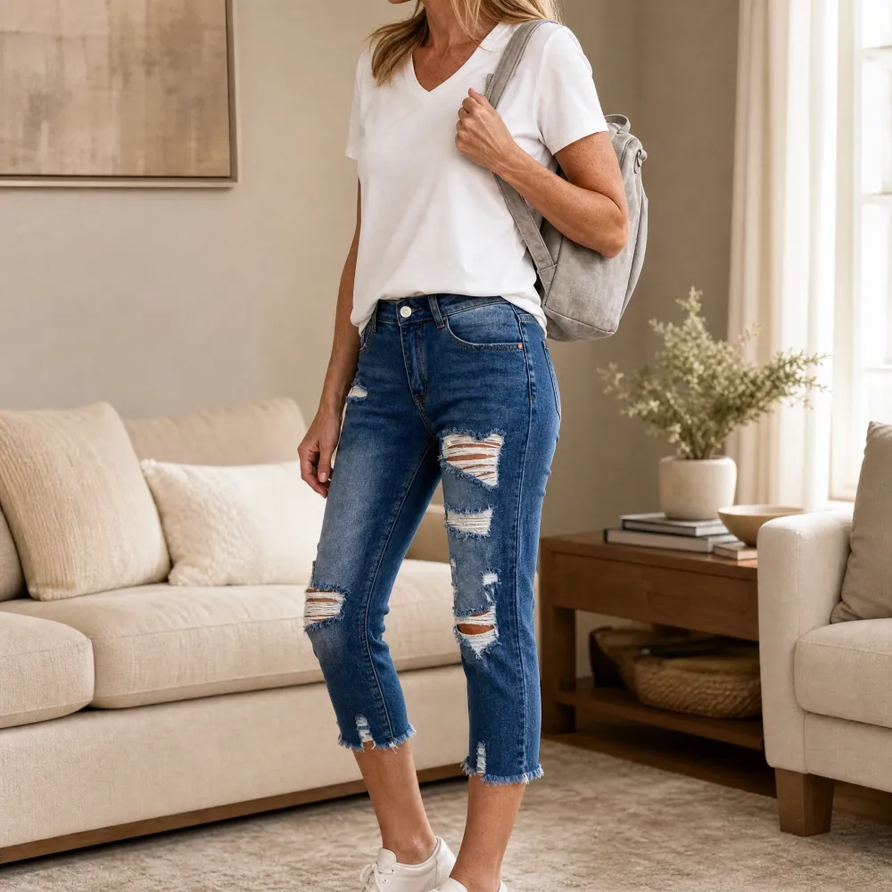 Soft Cotton Frayed-hem Capri Jeans