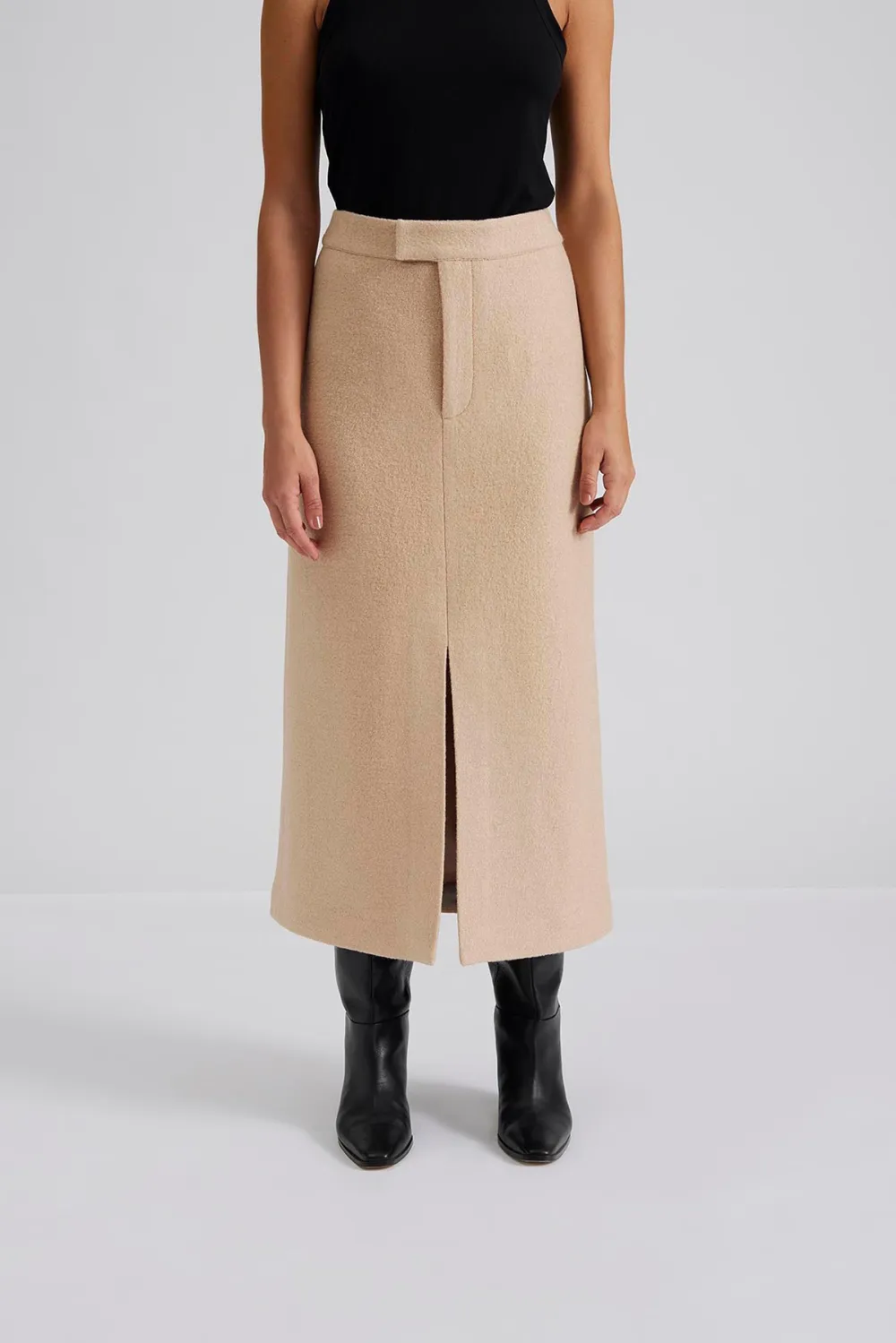Front Slit Tweed Midi Skirt