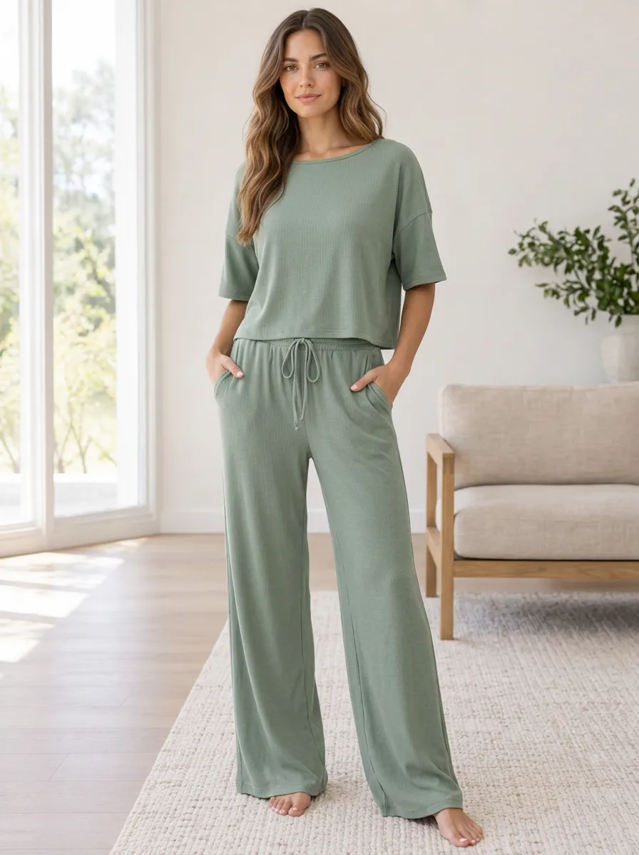 Women's Ribbed Casual Leisure Wide Leg Loungewear Set