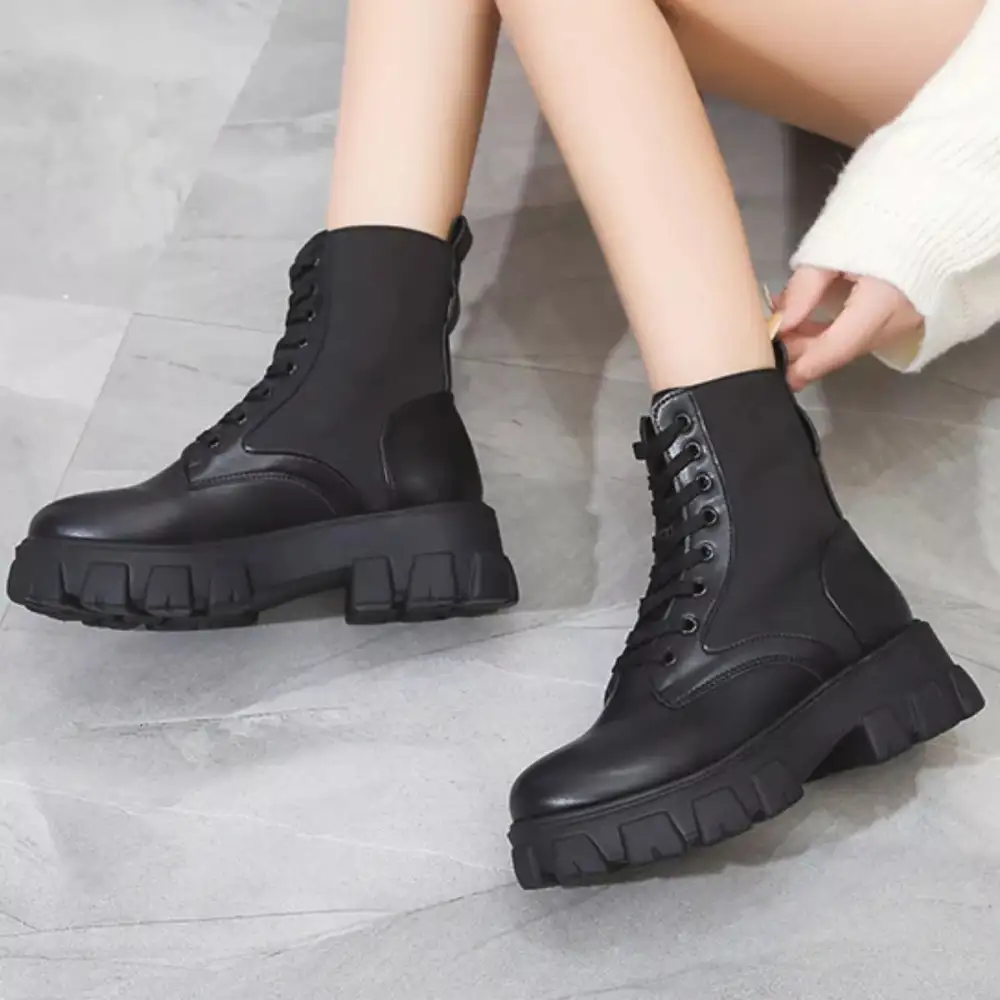 Textured Lace Up Platform Ankle Boots