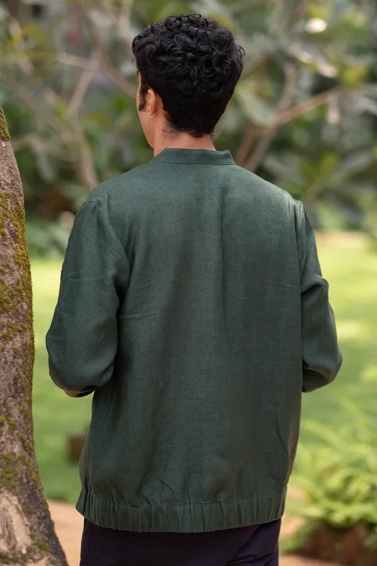 Forest Green Linen Bomber Jacket