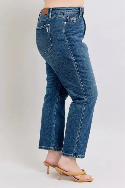 High-Waist Cropped Distressed Washed Straight Leg Jeans