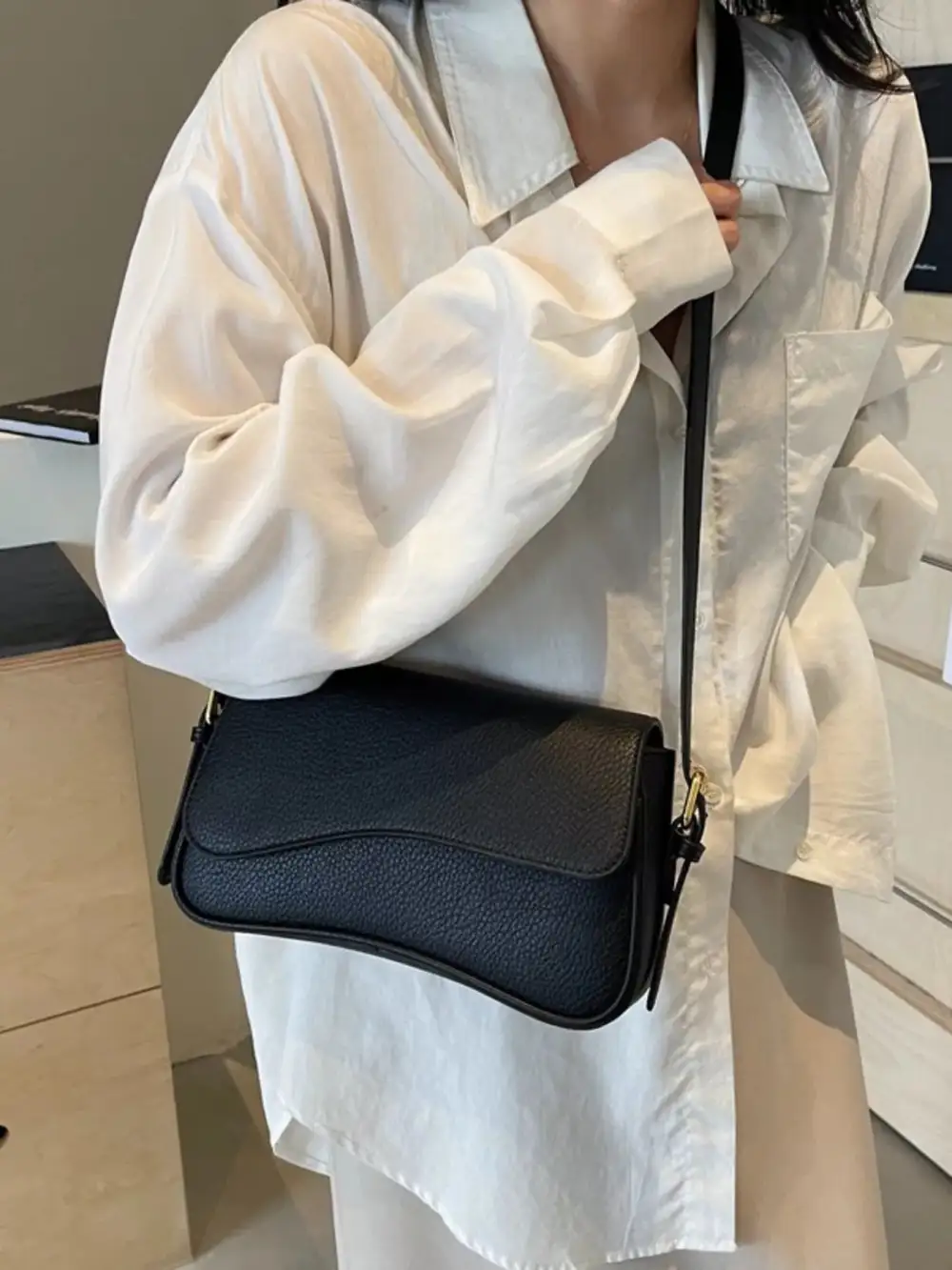 Solid Color Leather Crossbody Bag