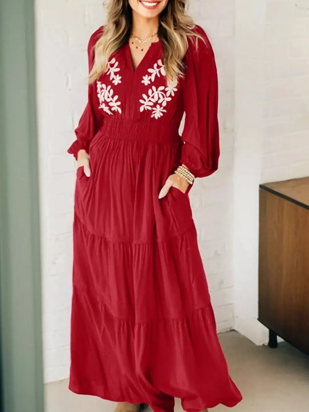 Embroidered Tiered Long Sleeve Maxi Dress
