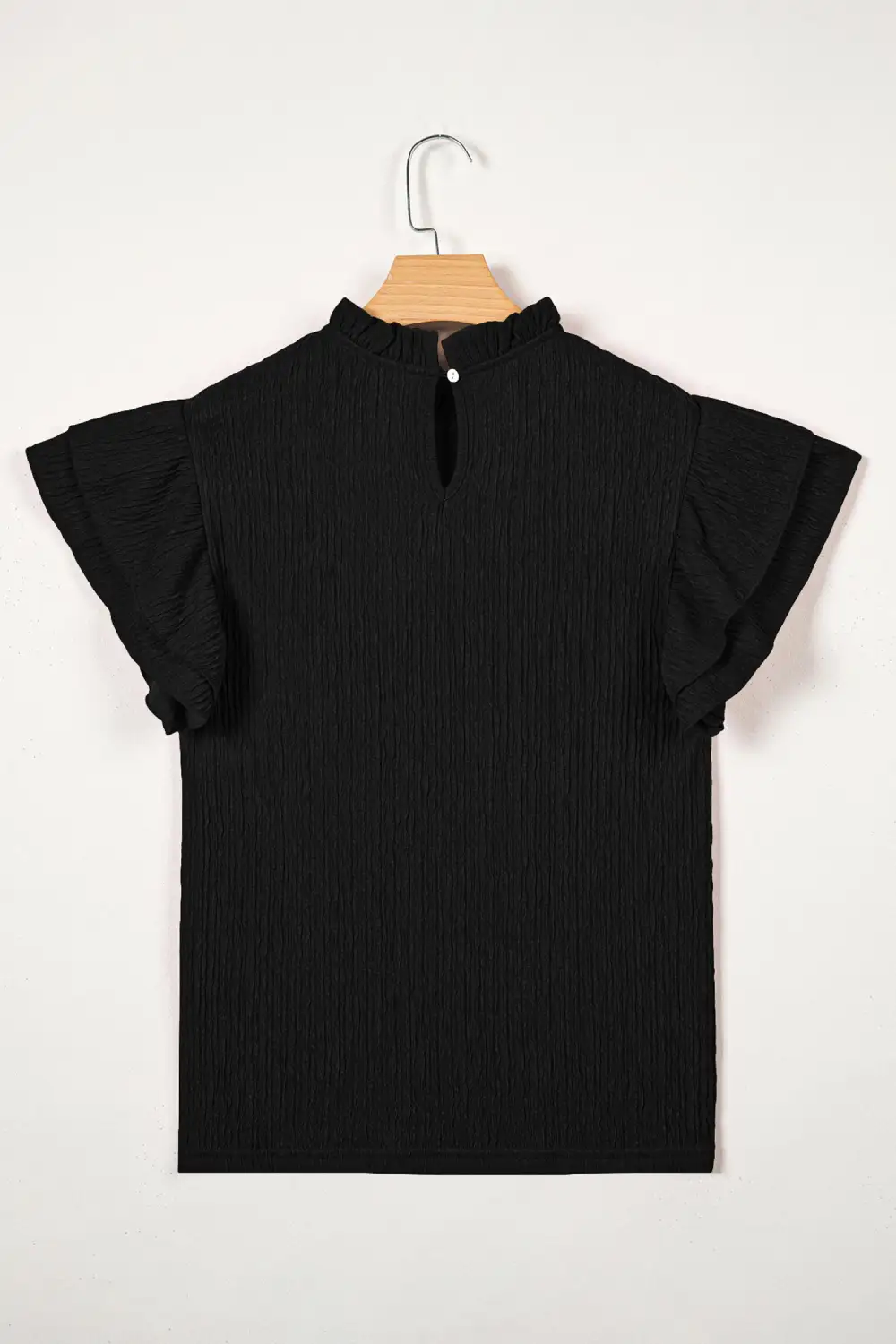 Black Solid Color Textured Ruffle Trim Short Sleeve Blouse