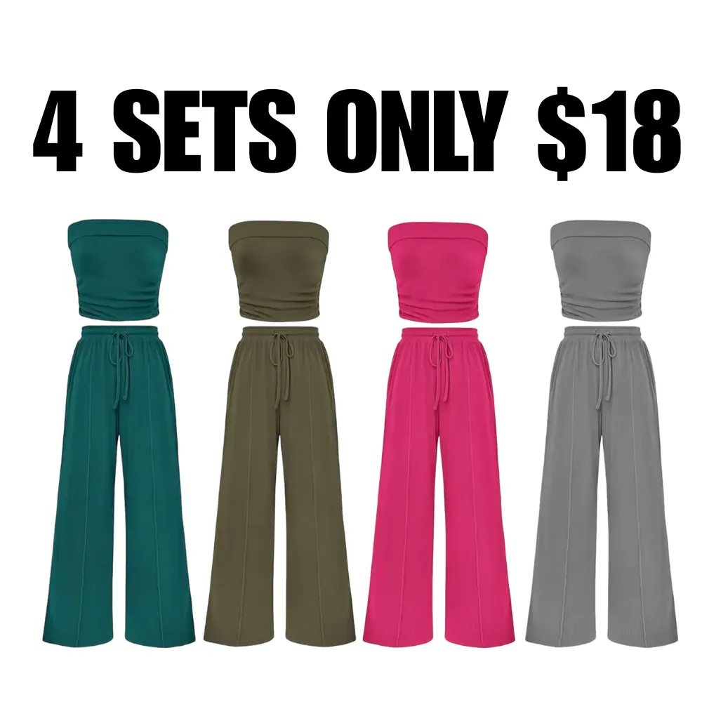 Women's Summer Outfits 2 Piece Sets Casual Ribbed Knit Crop Top & Wide Leg Pants