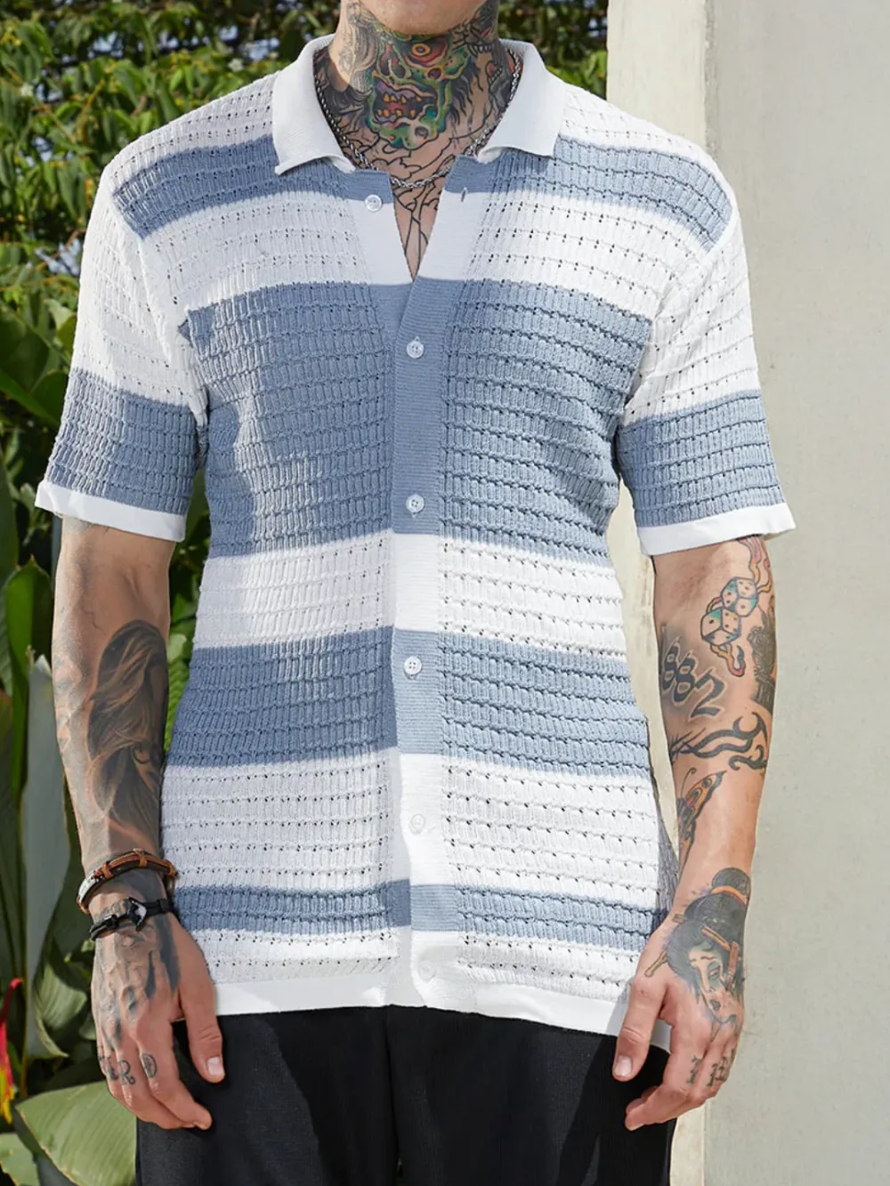 Striped Knit Short Sleeve Polo Shirt