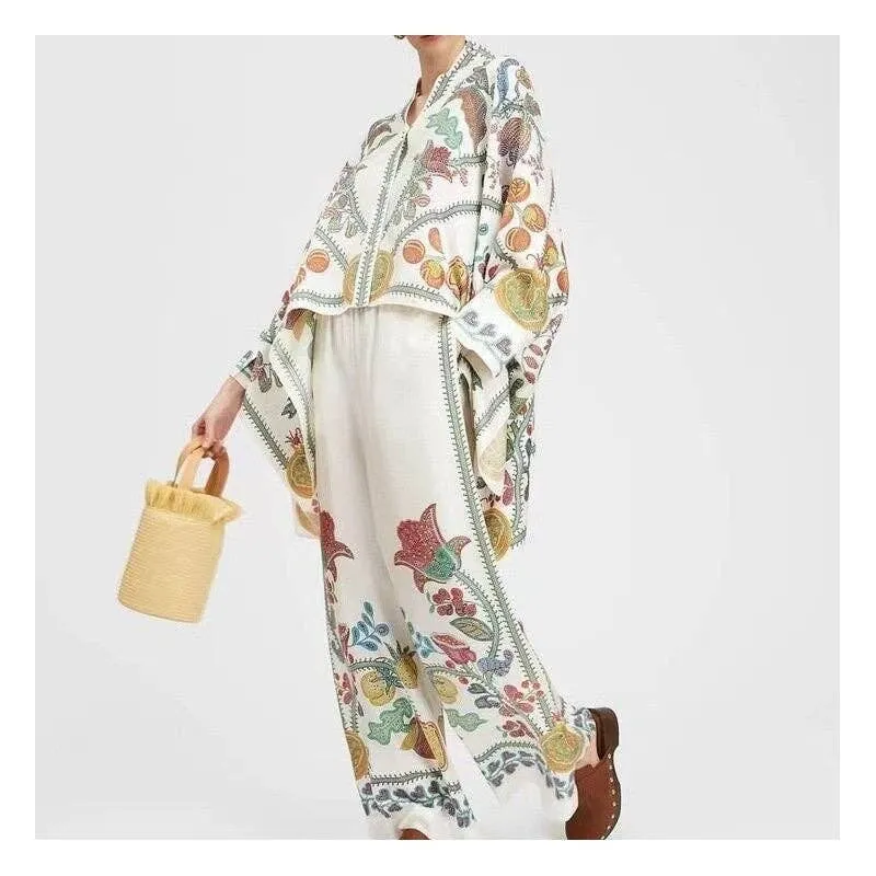 Printed Raglan Sleeve Top & Pants Set Two-piece Coord