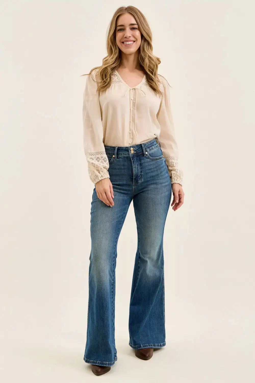 High Waist Flare Leg Button Denim Jeans