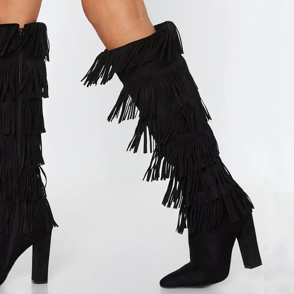 Faux-Suede Zip-Up Pointed-Toe Chunky-Heel Knee-High Boots