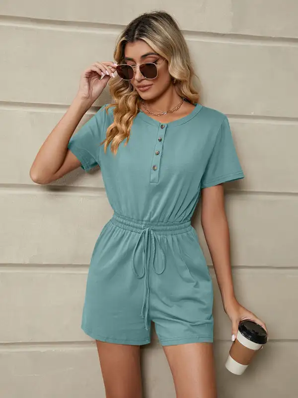 Knit Loose Short Sleeve Button Tie Shorts