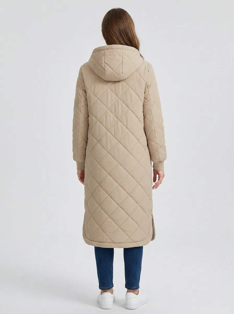 City-Layer Diamond-Quilted Long Hooded Coat