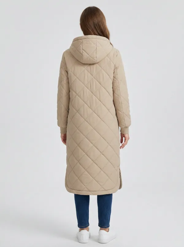 City-Layer Diamond-Quilted Long Hooded Coat