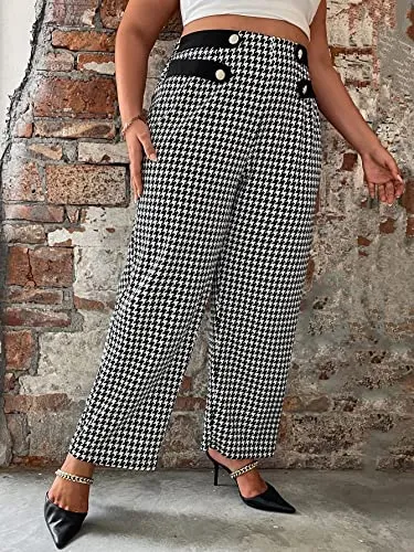 Plus Size Houndstooth Print High Waist Wide Leg Button Front Pants