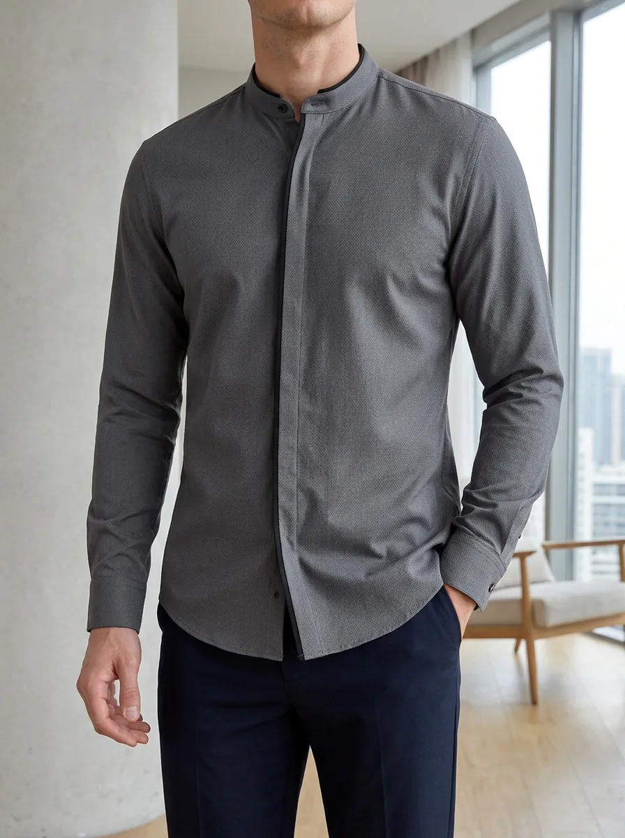 Men's Business Casual Grey Textured Mandarin Collar Slim Fit Shirt