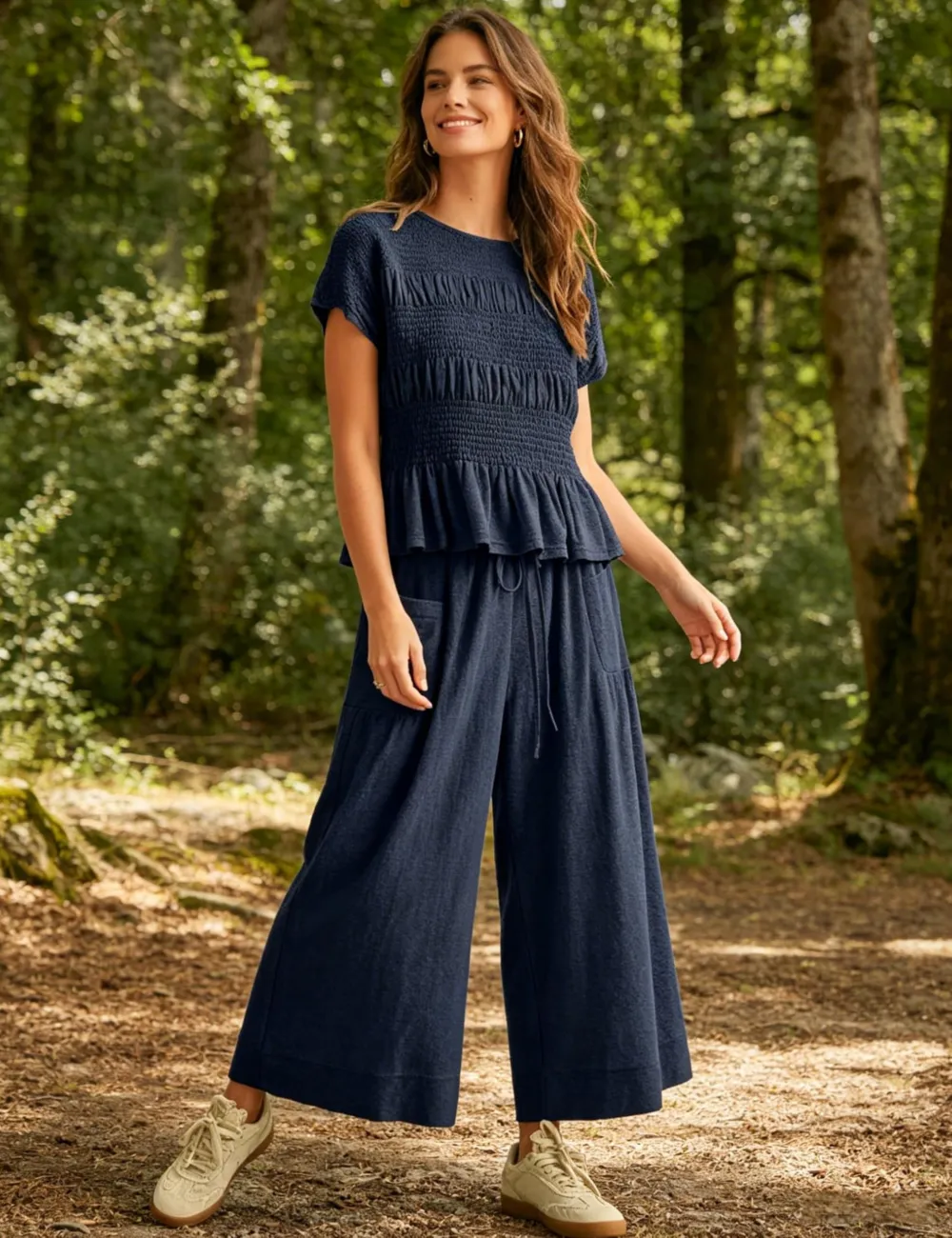 Women's 2-Piece Smocked Top and Wide-Leg Pants Set