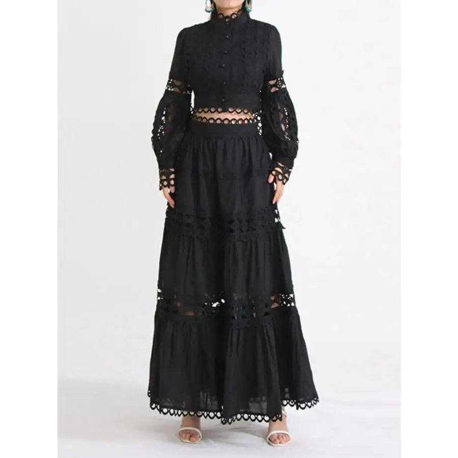 Lace Button Up Long Sleeve Top and Skirt Set