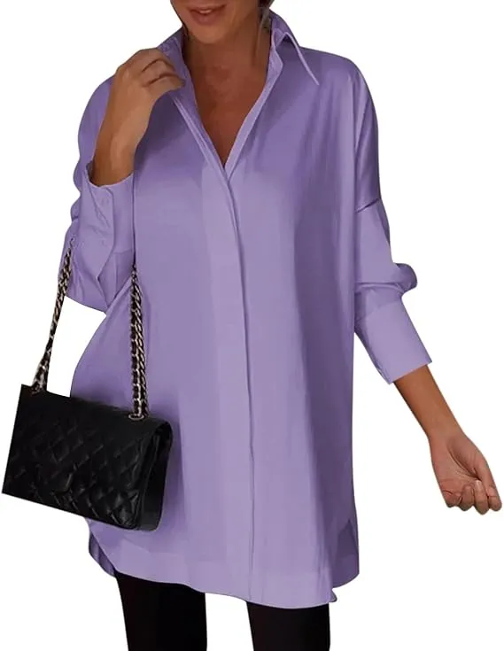 5PACK-Solid Color Irregular Side Long Sleeve Shirt