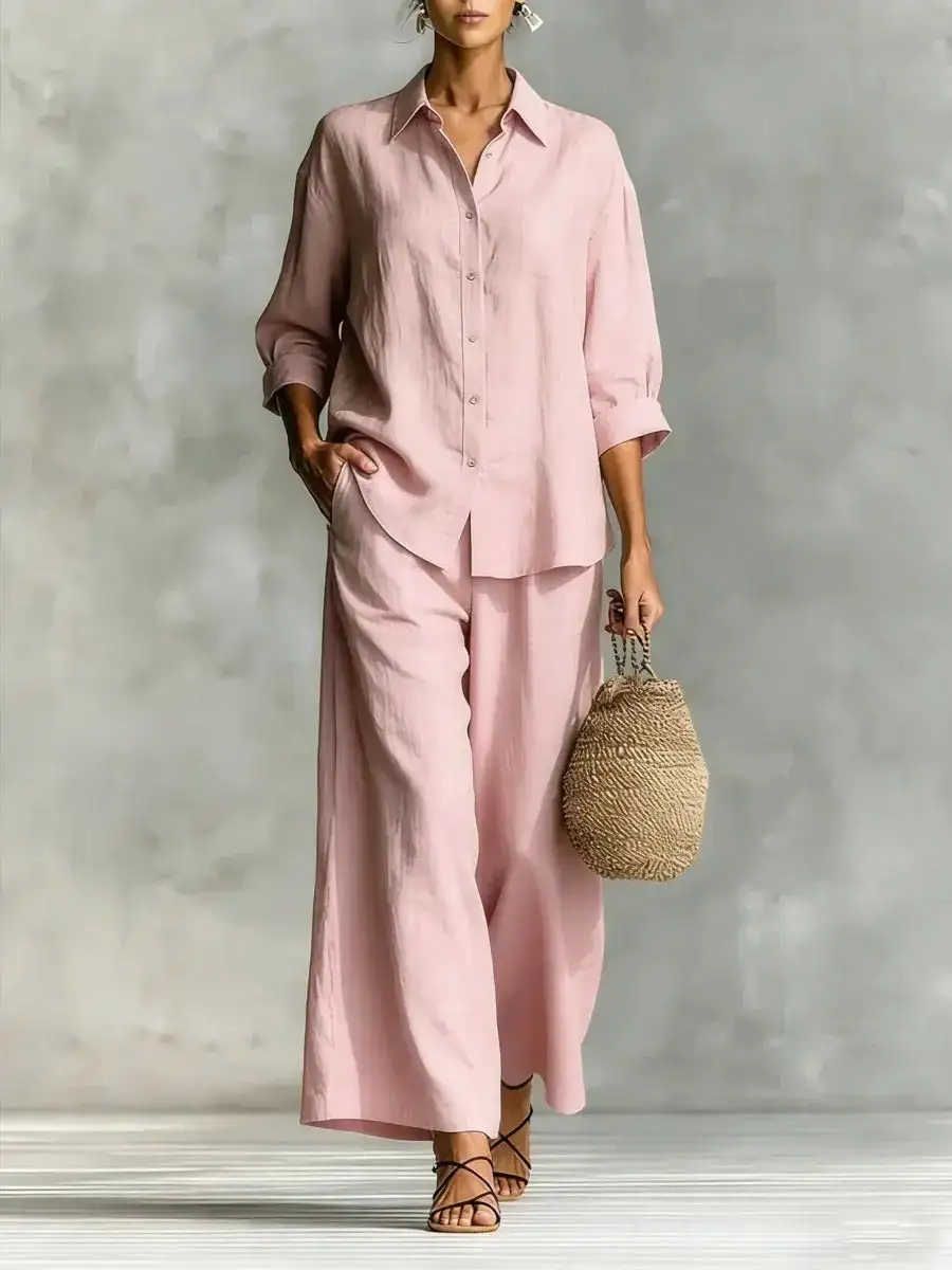 Wide-Leg Button-Up Linen Women's Matching Set