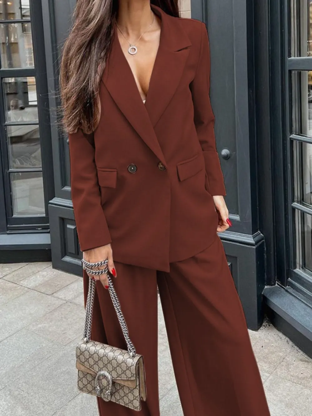 Lapel-Collar Long-Sleeve Blazer Matching and Pants Set