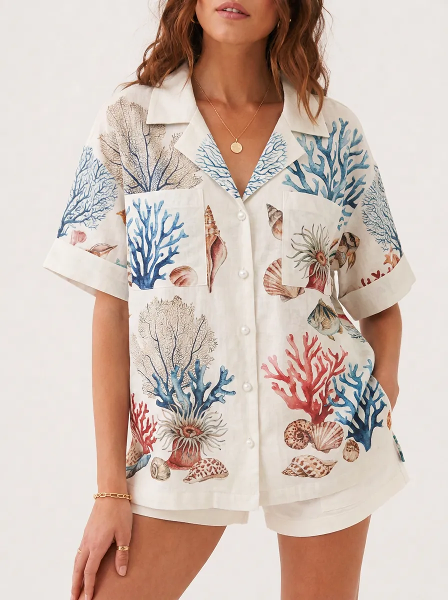 Women's Coastal Print Camp Collar Shirt
