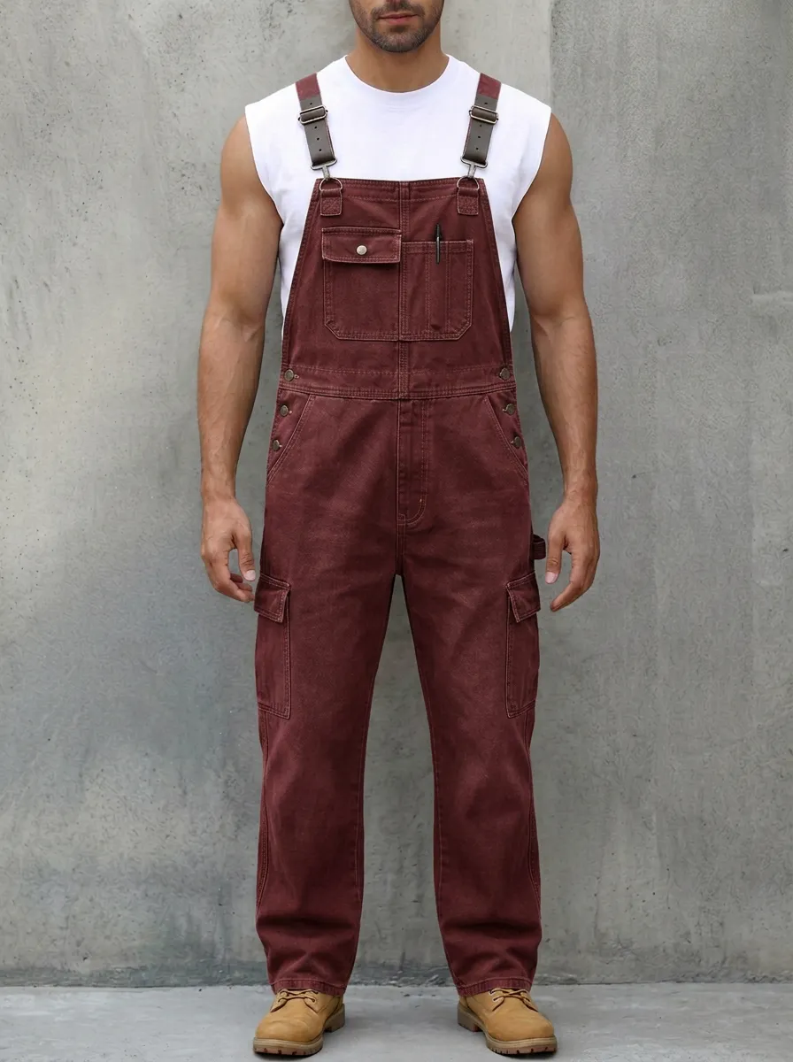 Men's Casual Workwear Olive Green Cargo Denim Overalls