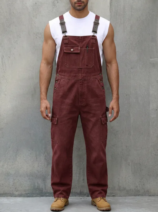 Men's Casual Workwear Olive Green Cargo Denim Overalls