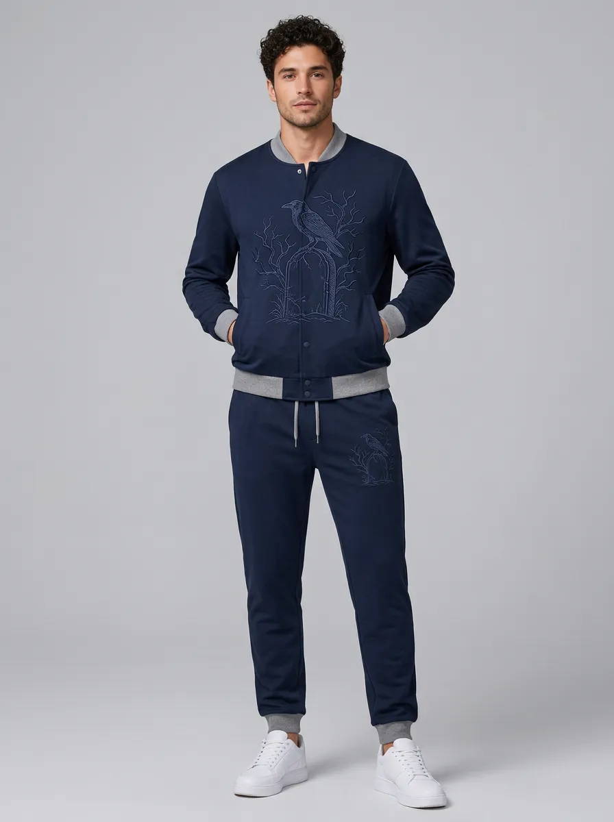 Men's Raven-Tombstone Embroidered Bomber-Jacket & Joggers Two-Piece Set
