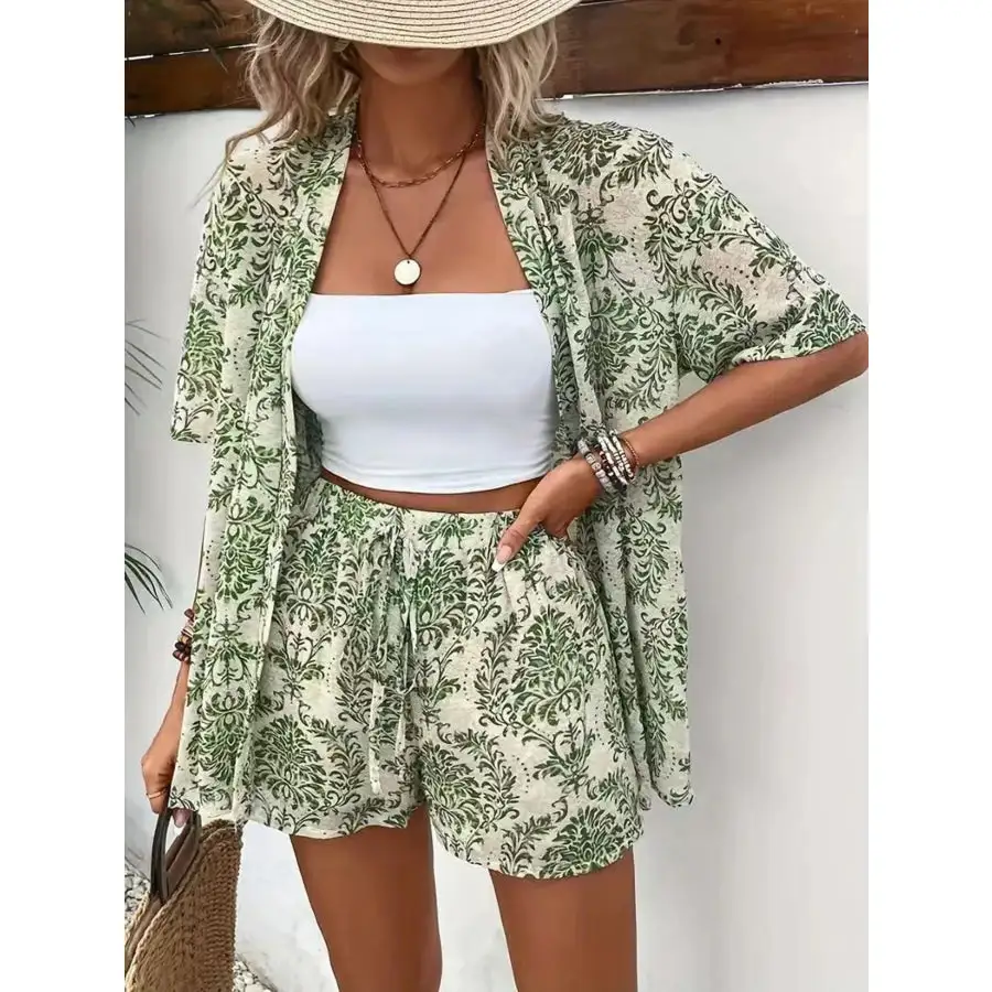 Printed Open Front Cardigan and Shorts Set