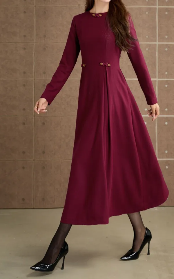 Elevated Wool Blend Fit And Flare Long Sleeve Midi Dress