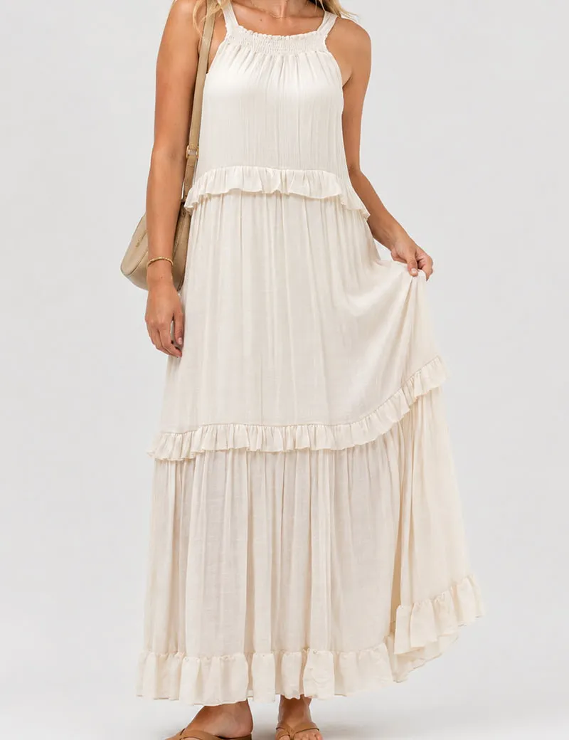 Boho Ruffle Tiered Hem Sleeveless Solid Color Maxi Dress