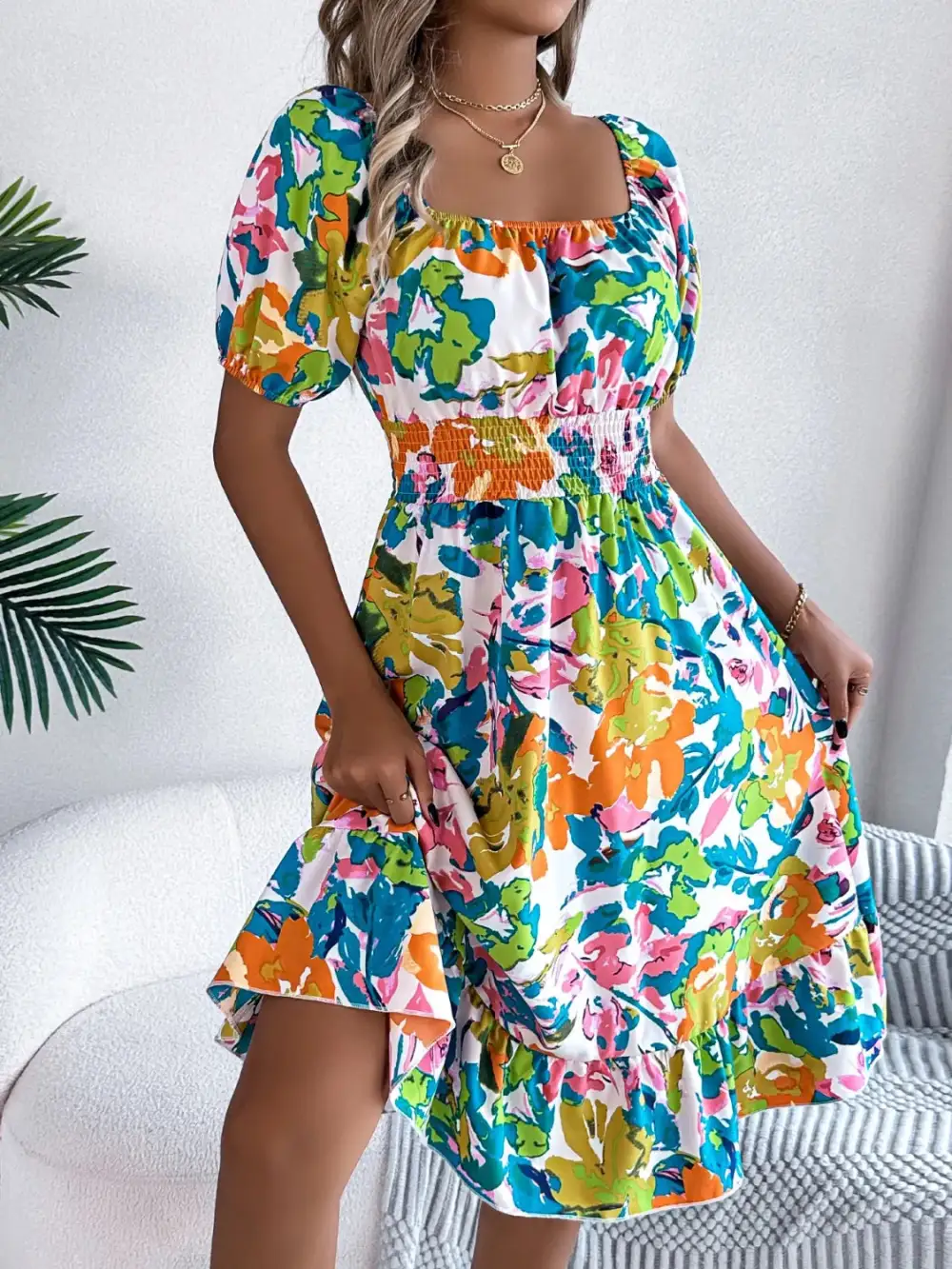 Textured Ruffle Trim Smocked Dress