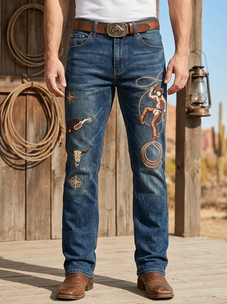 Men's Classic Western Cowboy Rodeo Lasso Skull Jeans