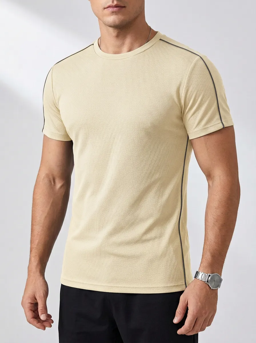 Refined Ribbed Textured Crew Neck Silhouette Men's Slim Fit Short Sleeve T-Shirt